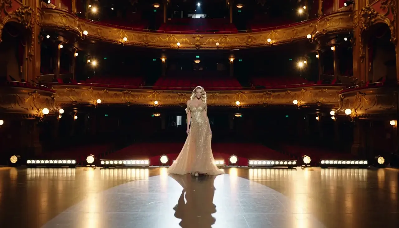 Recorded Lured AI text-to-video clip showing an adult performer on an amber theater stage