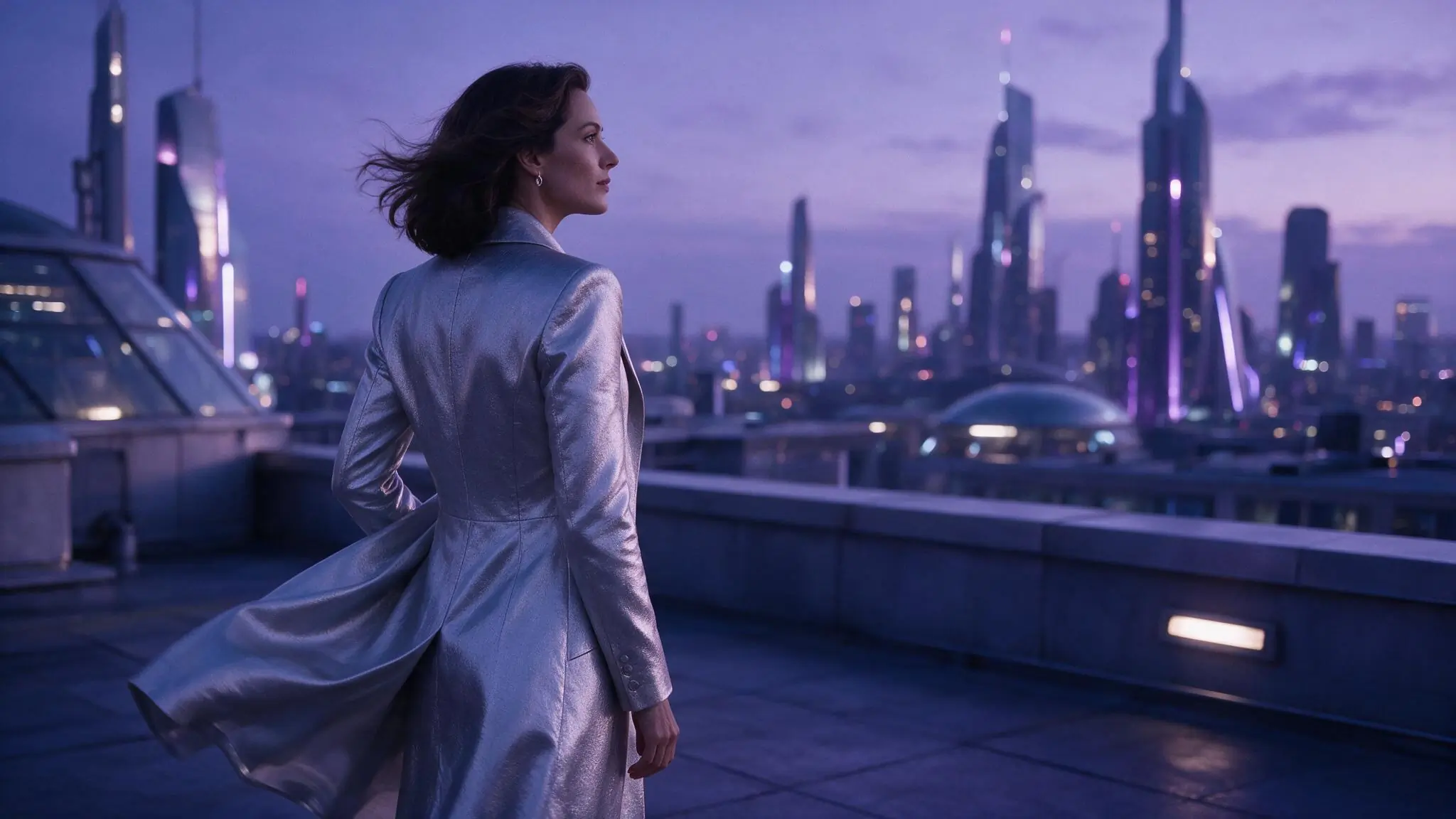 Fictional adult creator on a silver rooftop used as an image-to-video source direction